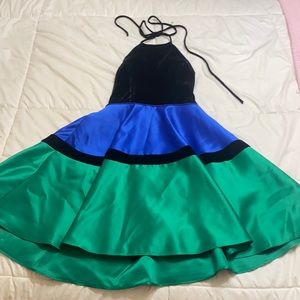 Emerald green, Royal blue and black dress. halter tied neck